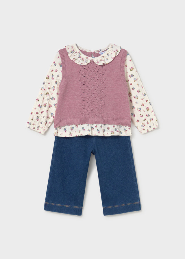 Conjunto pantalón y blusa con chaleco bebé, color violeta mezcla – vista 2 – Tía Mía