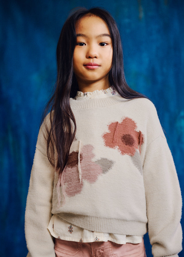 Jersey intarsia flores para niña, color mazapán jaspeado – Tía Mía