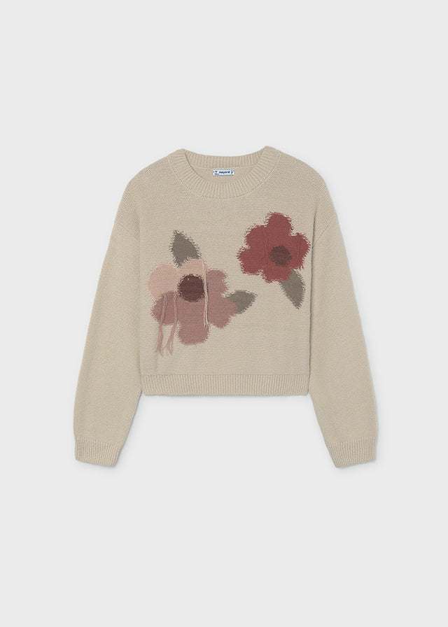 Jersey intarsia flores para niña, color mazapán jaspeado – vista 2 – Tía Mía