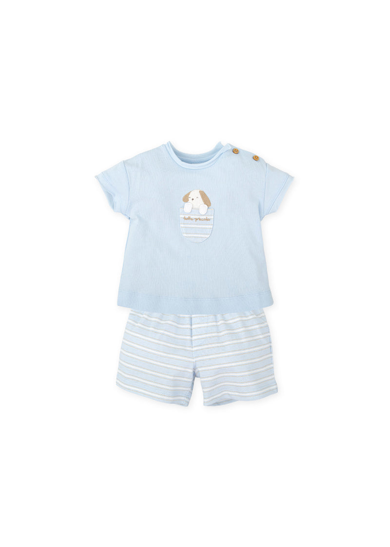 Conjunto camiseta y bermudas punto mascota azul cielo bebé