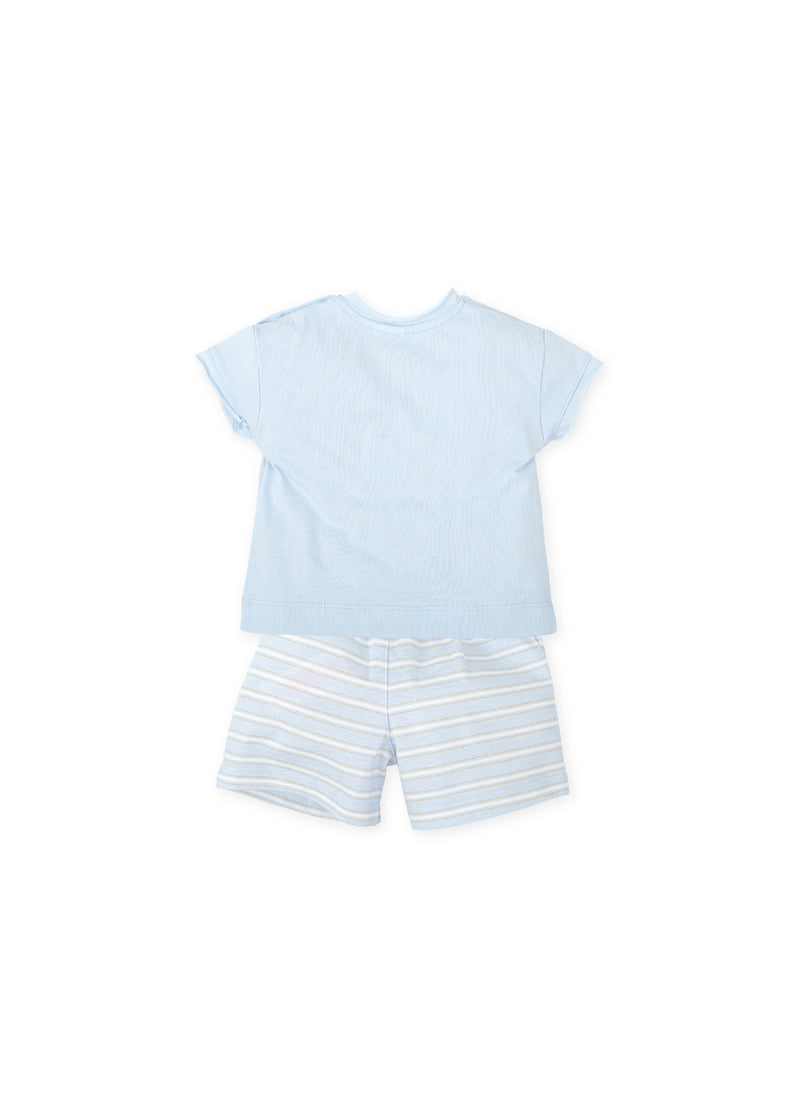 Conjunto camiseta y bermudas punto mascota azul cielo bebé