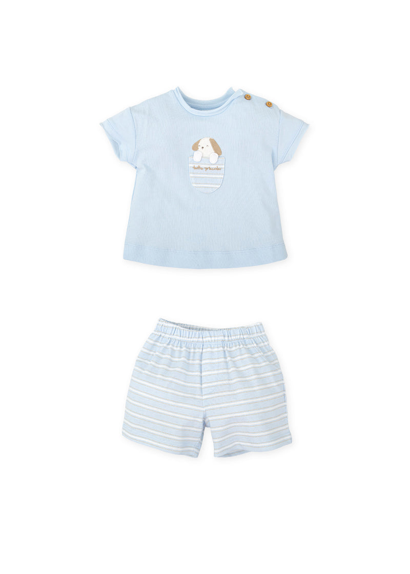 Conjunto camiseta y bermudas punto mascota azul cielo bebé
