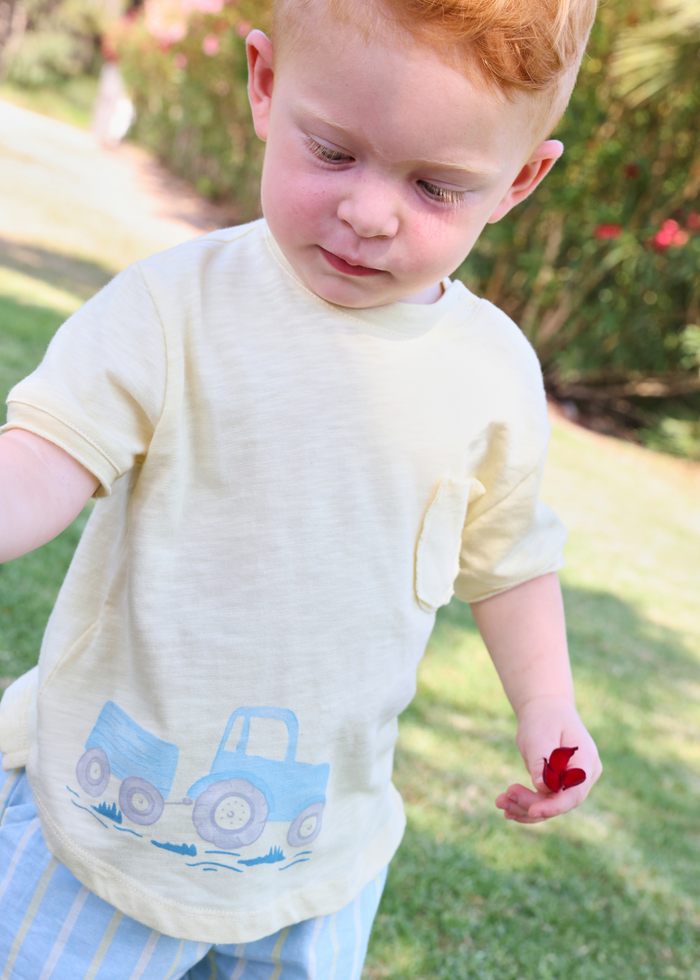 Conjunto camiseta tractor y bermuda rayas azul