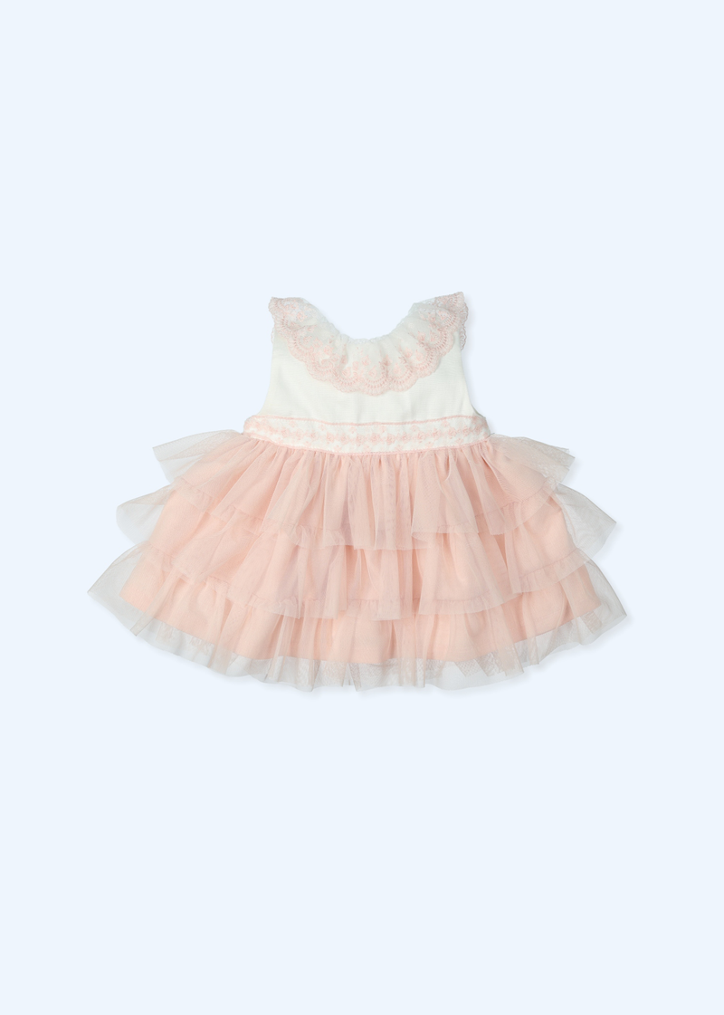 Vestido lino y 3 volantes tul cuello tul bordado georgeous