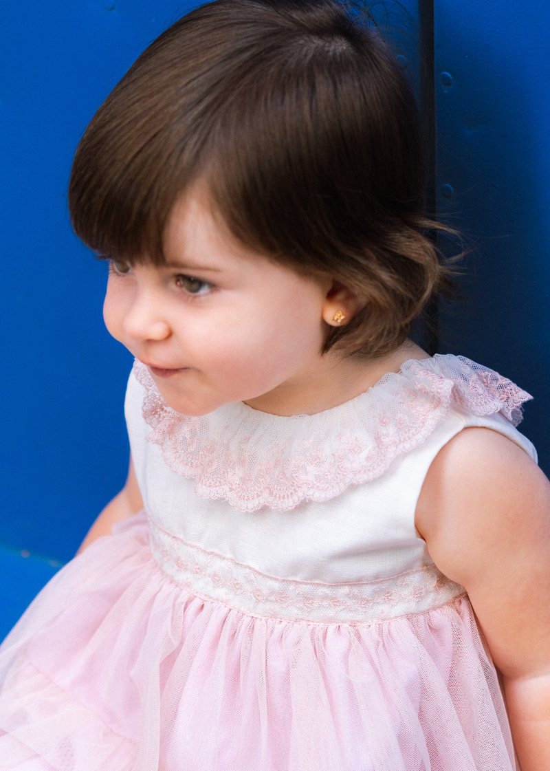 Vestido lino y 3 volantes tul cuello tul bordado georgeous