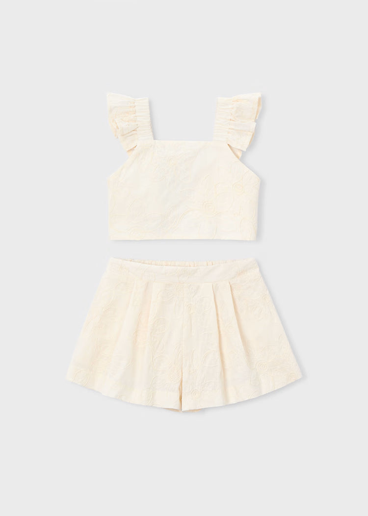 Conjunto bermuda y top volantes ceremonia niña